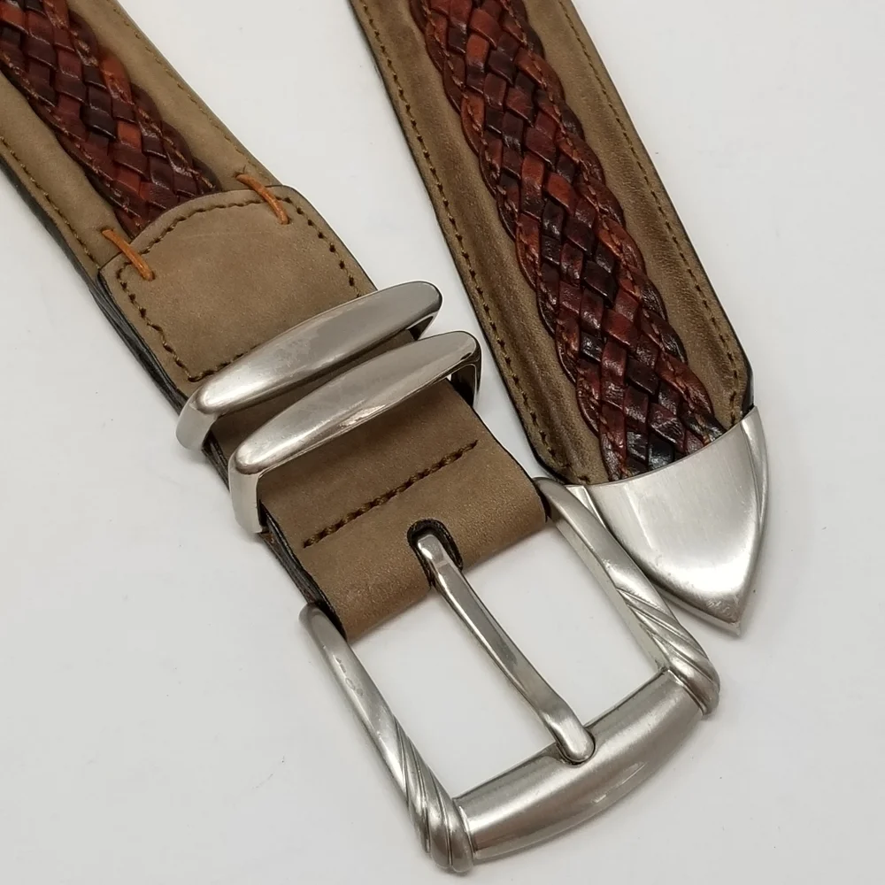 Tommy Bahama Braided Leather Belt Men's Size 36 Brown Tan Western Silver Tone